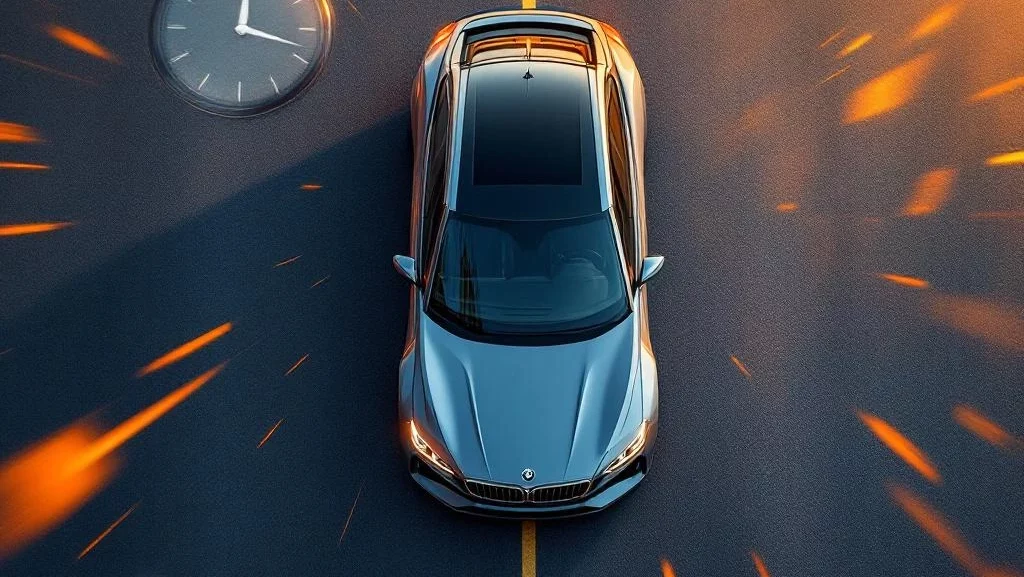 Moderne auto van bovenaf met klok en bewegingsonscherpte, symboliseert flexibele autolease levertijden