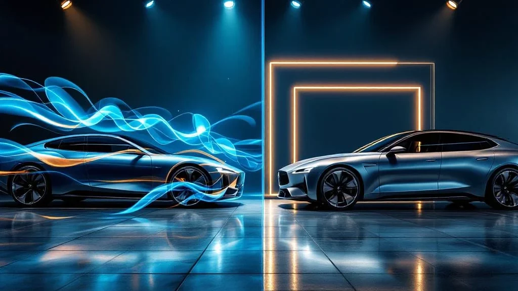 Twee luxe auto's in moderne showroom: linker met dynamische elementen, rechter met geometrische frames, vergelijking leasingconcepten