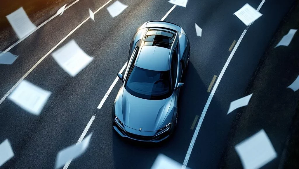 Moderne auto op kronkelende weg met zwevende tijdlijnmarkeringen die wachttijd voor levering symboliseren