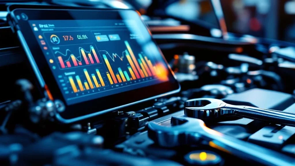 Open motorkap met onderhoudsgereedschap, digitale tablet met onderhoudsschema en oliepeiler in professionele werkplaats