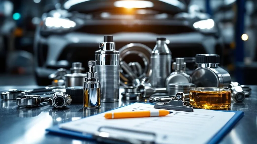 Professionele auto-onderhoudsgereedschappen op metalen werkblad met motor op achtergrond in garage