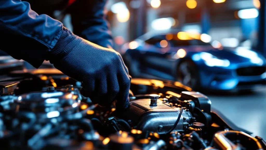 Monteur met handschoen voert motoronderhoud uit met professionele gereedschappen in moderne werkplaats