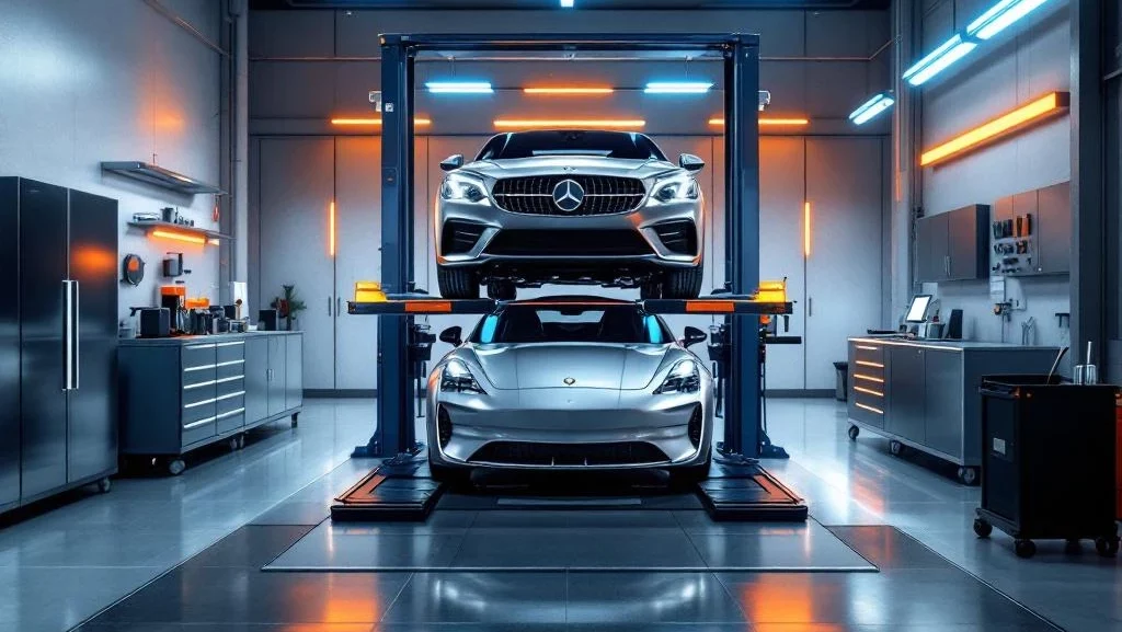 Zilverkleurige leaseauto op hydraulische brug in moderne, professionele autowerkplaats met LED-verlichting en gereedschap