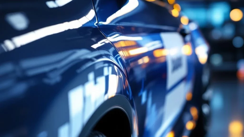 Professionele montage van reclame-sticker op glanzend autopaneel met blauwe en witte bedrijfsbranding