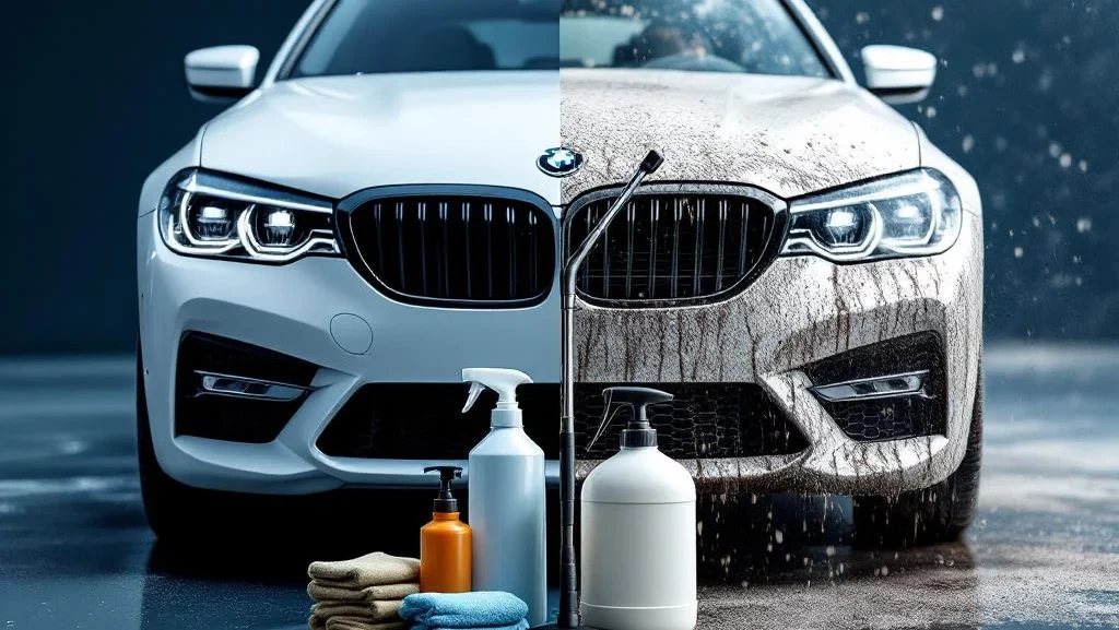 Schone witte auto tegenover vuile auto met modder, met schoonmaakbenodigdheden ertussen in split-screen compositie