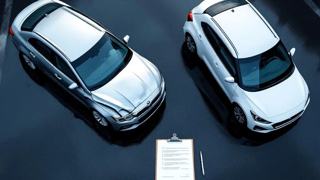 Zilver auto met deuk op motorkap en witte auto op nat asfalt met schaderapport op klembord ertussen