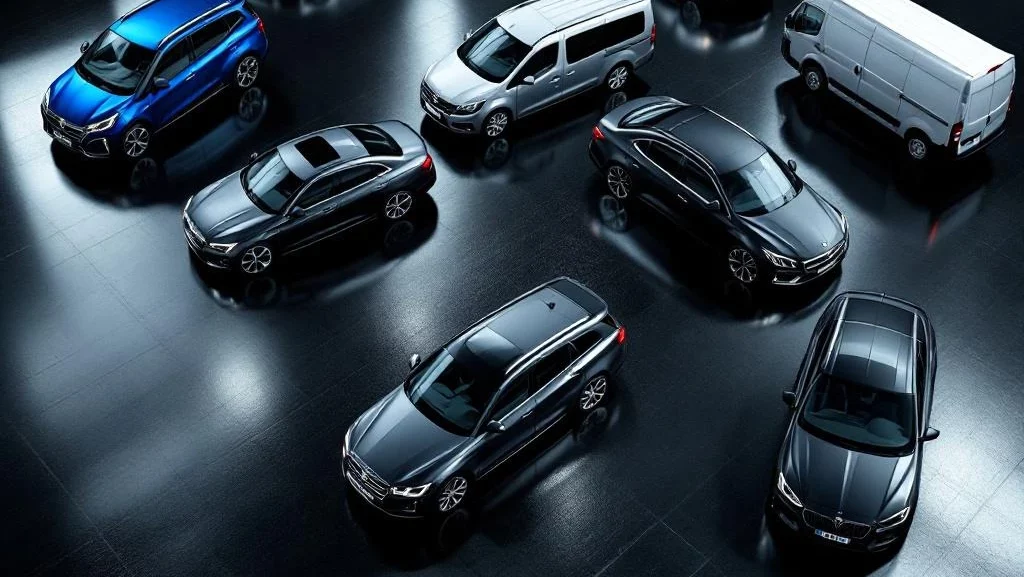 Luchtfoto van diverse auto's in levendige kleuren diagonaal gerangschikt op glanzende showroomvloer