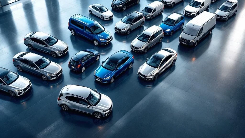 Diverse collectie nieuwe auto's in diagonale formatie op glanzende showroomvloer met dramatische verlichting