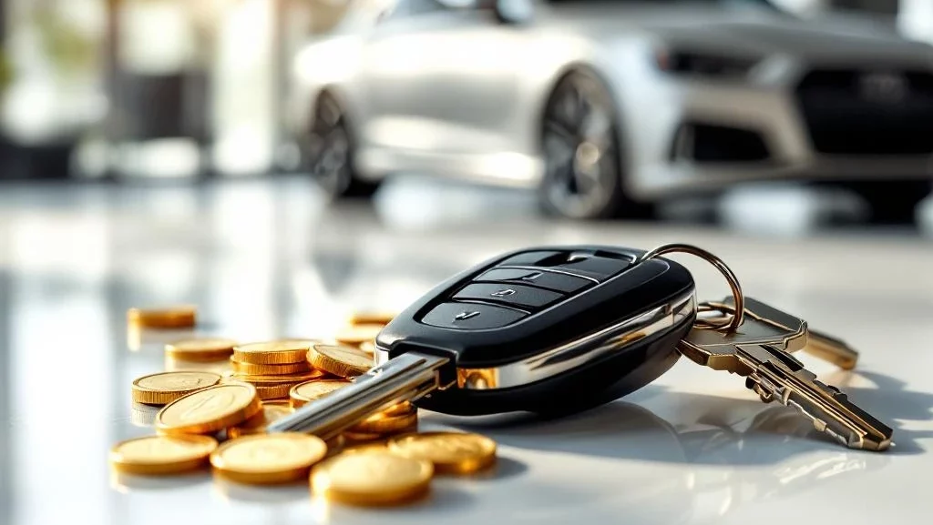 Autosleutels met moderne sleutelhanger op wit bureau naast gouden munten, zilveren auto op achtergrond in showroom