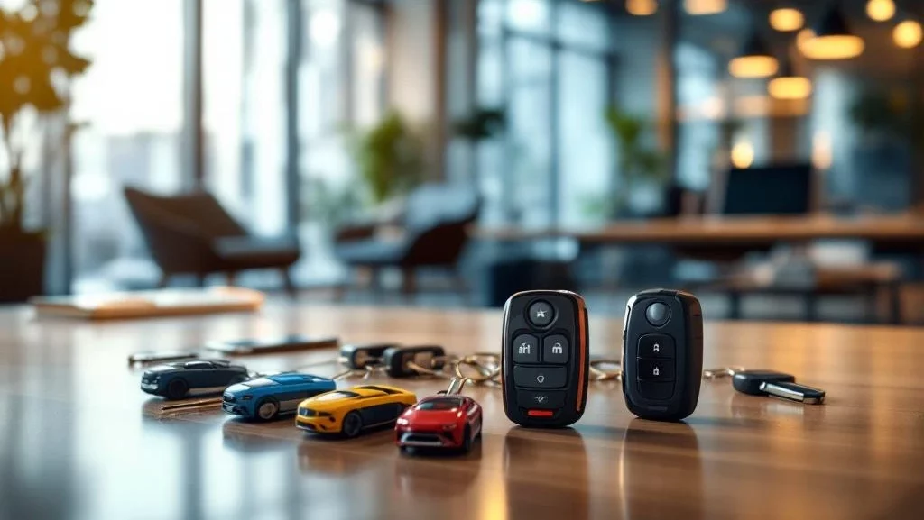 Autosleutels met gekleurde sleutelhangers op modern kantoorbureau in startup omgeving met glazen wanden