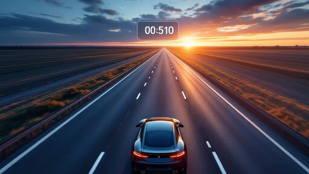 Moderne auto op Nederlandse snelweg met holografische kilometerteller bij zonsondergang, luchtfoto