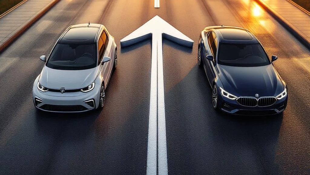 Twee auto's met uitwisselingspijl op asfalt: witte stadsauto en blauwe luxe sedan bij gouden uurtje verlichting