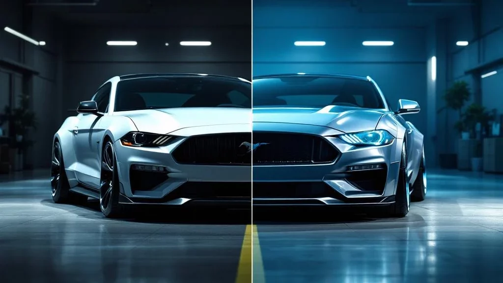 Twee identieke moderne auto's zij aan zij in showroom: links standaard model, rechts met custom velgen en getinte ramen