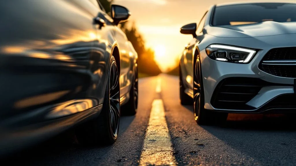 Twee moderne auto's naast elkaar op asfalt bij zonsondergang, waarvan één als vervangend leasewagenvoertuig