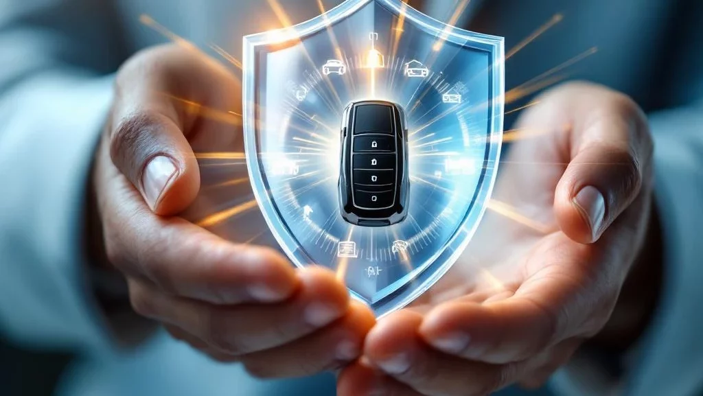 Handen houden glazen schild met autosleutel en miniatuurwagen, gouden lichtstralen symboliseren autoverzekering