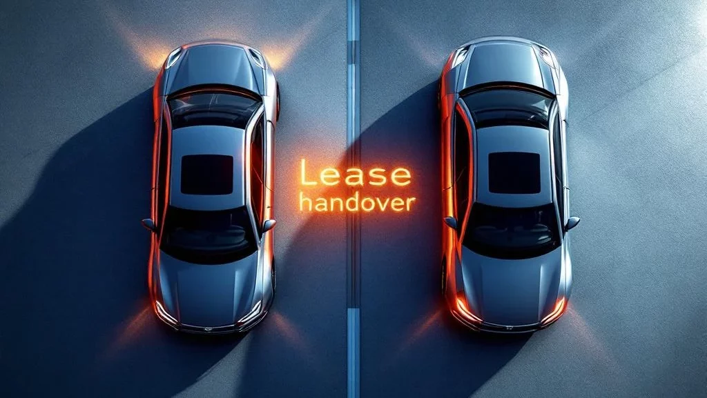 Twee auto's van bovenaf met amberverlichting en gradiënt tussen voertuigen, symboliseert lease-overdracht proces