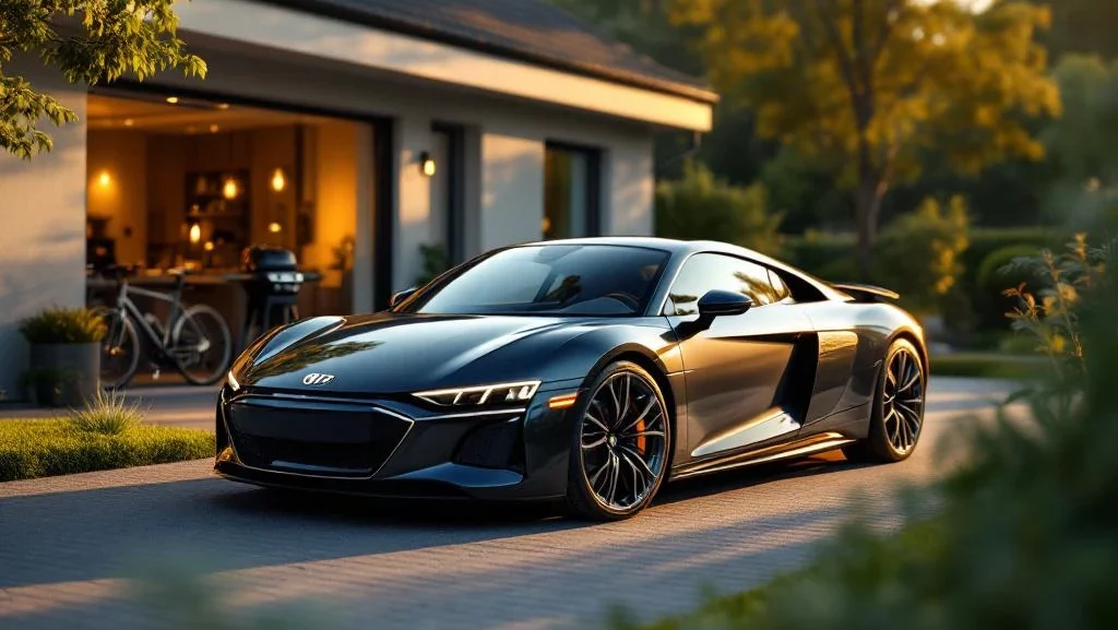 Moderne auto geparkeerd voor hedendaags Nederlands huis tijdens gouden uur, met fietsen en barbecue op achtergrond
