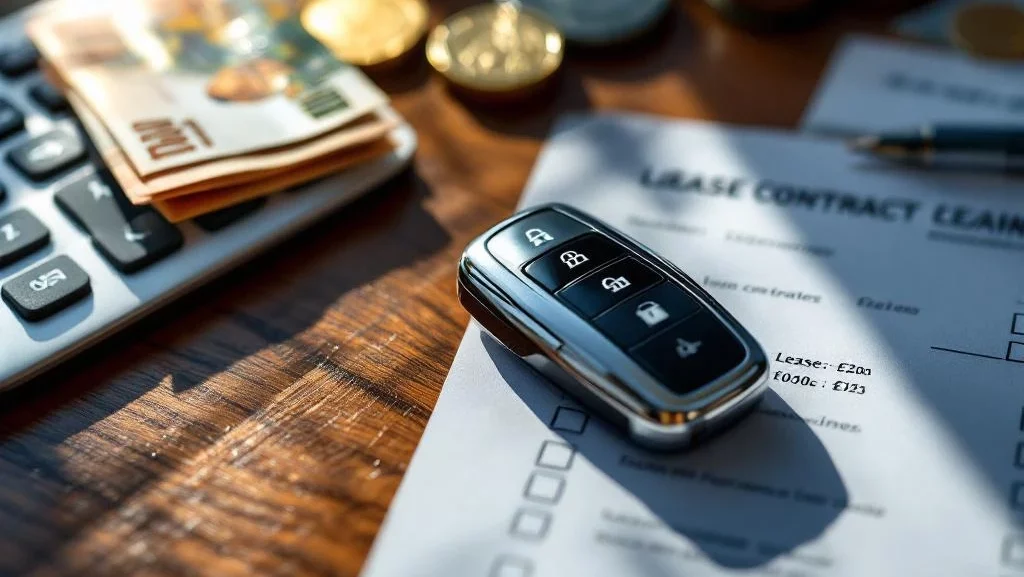 Autosleutel op houten bureau met eurobankbiljetten, munten, rekenmachine en leasecontract met financiële cijfers