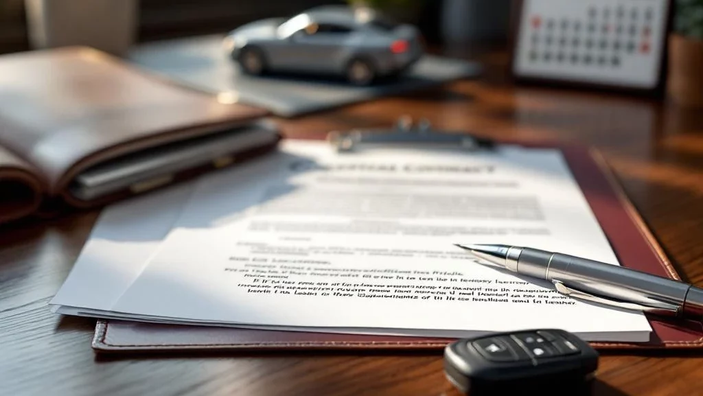 Leasedocumenten op bureau met autosleutels en pen klaar om te tekenen, professionele zakelijke setting