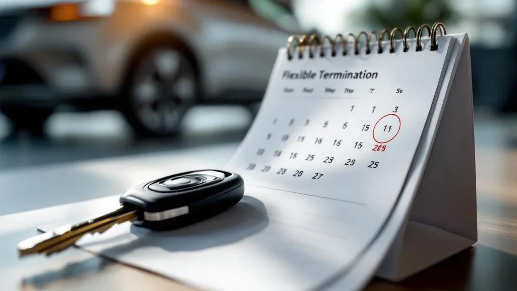 Autosleutel op kalender met omcirkelde opzegdatum, luxe auto op achtergrond met natuurlijk licht