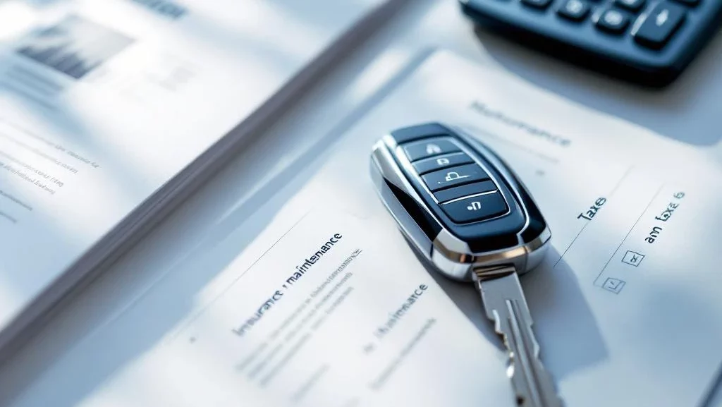 Moderne autosleutel op bureau met financiële documenten, calculator en verzekeringssymbolen voor autoleasing