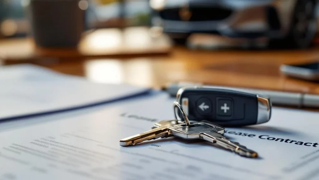 Autosleutels op leasecontract met luxe auto op achtergrond en kalender op houten bureau