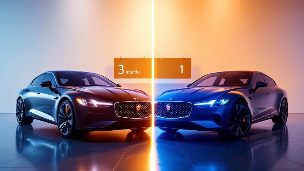 Vergelijking autolease: 3-maanden contract links versus 1-maand shortlease rechts in moderne showroom