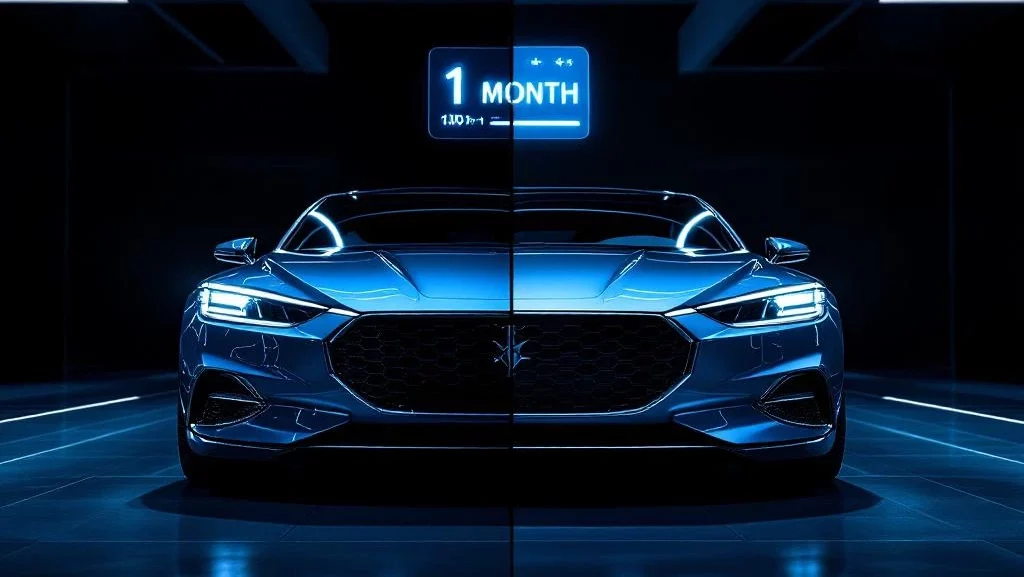 Twee moderne auto's in showroom met holografische kalender iconen die lease-periodes van één maand en langer tonen