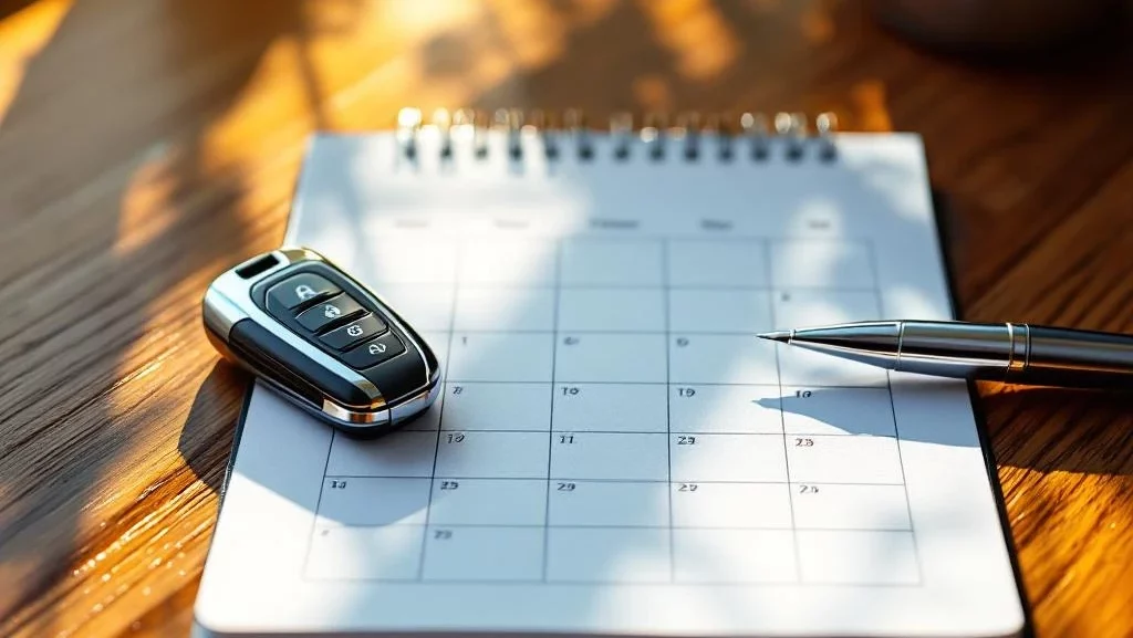 Autosleutel op houten bureau naast opengeslagen kalender met afgevinkte data voor lease-verlenging