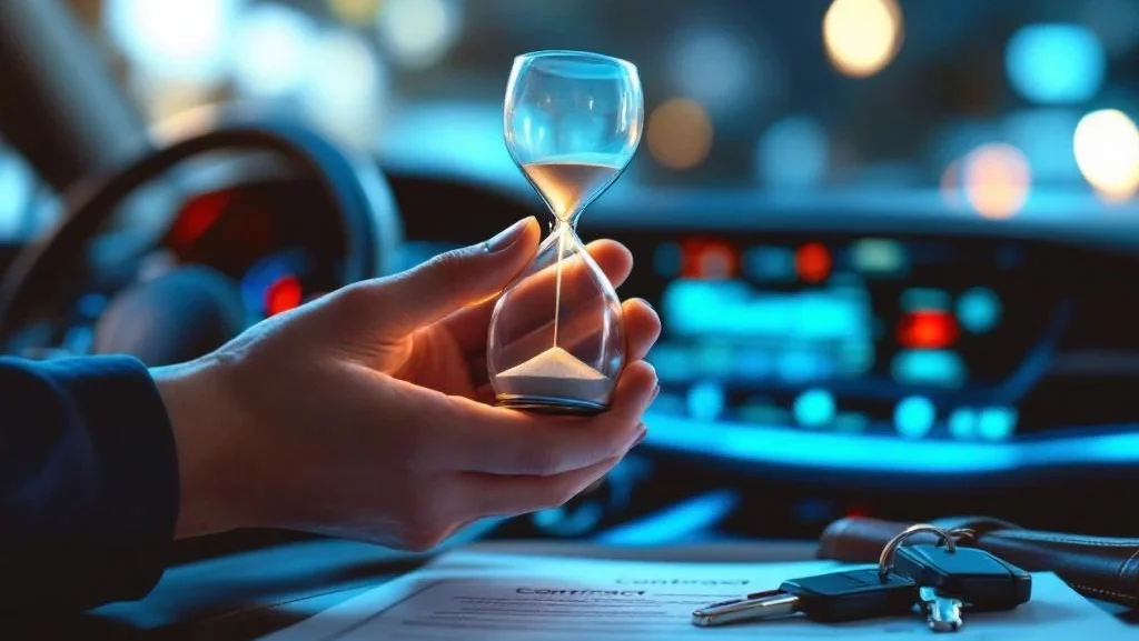 Handen met zandloper op autodashboard met contractdocument en autosleutels, symboliseert tijdelijke leaseovereenkomst