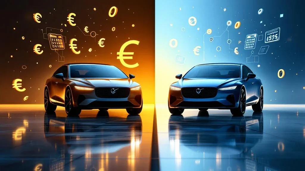 Twee moderne auto's zij aan zij, links met euro symbolen in gouden licht, rechts met geometrische vormen in blauw licht


This alt text exceeds 125 characters. Let me revise:

Twee auto's vergeleken: links met euro's in goud licht, rechts met geometrie in blauw licht