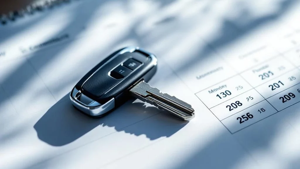 Moderne autosleutel op kalender met flexibele contractduur opties, symboliseert lease flexibiliteit