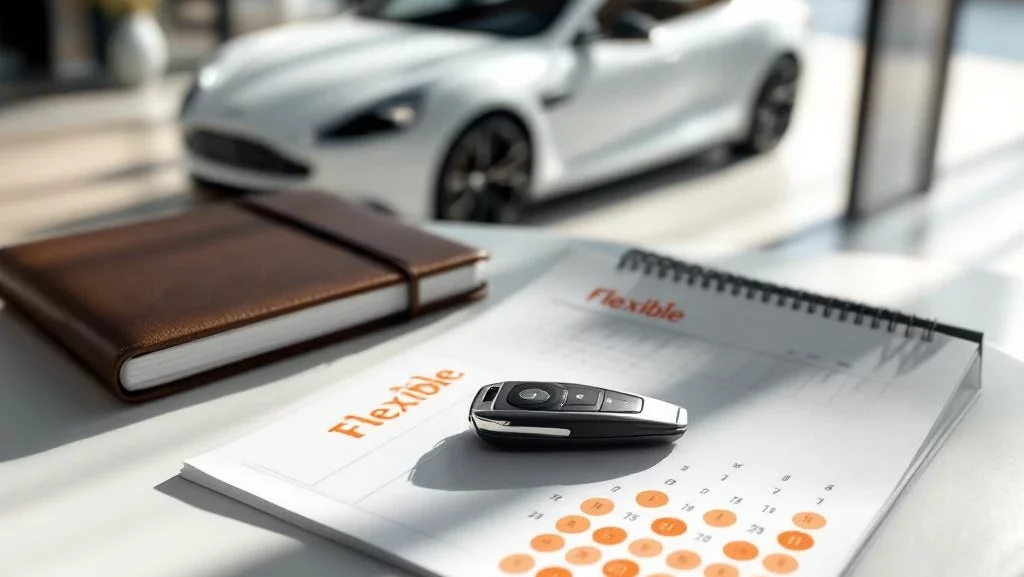 Autosleutel op bureaukalender met oranje omcirkelde flexibele data, luxe auto op achtergrond zichtbaar door glazen deuren