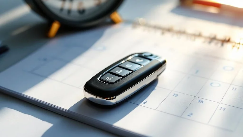 Autosleutel op witte bureaukalender met omcirkelde datums en klok op achtergrond