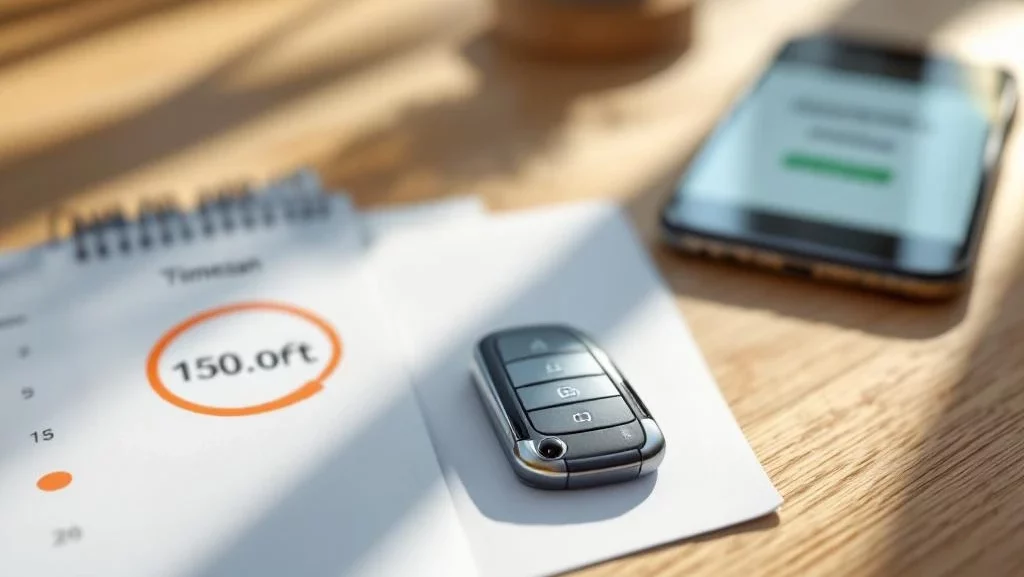 Moderne autosleutel op houten bureau naast opengeslagen kalender met korte termijn omcirkeld in oranje