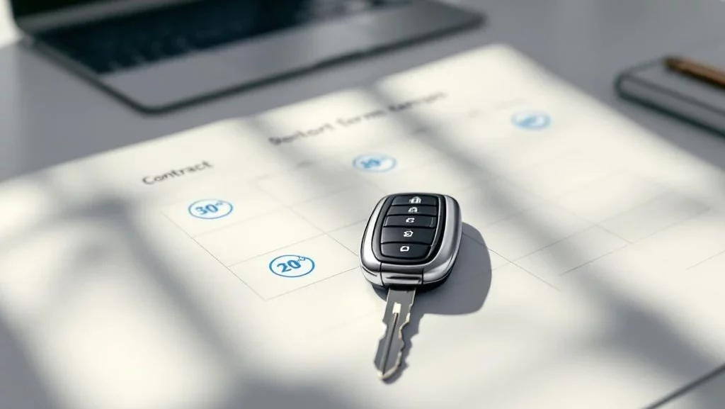 Moderne autosleutel op wit bureau naast opengeslagen kalender met kortetermijnafspraken en laptop met contract