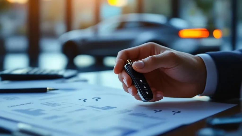 Handen houden autosleutel boven documenten en rekenmachine op bureau, luxe auto op achtergrond, kredietrapport zichtbaar
