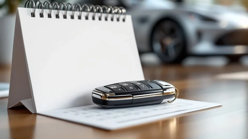 Moderne autosleutel op maandkalender met luxe auto op achtergrond, korte termijn verhuur concept