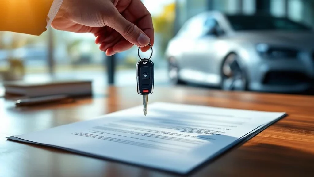 Autosleutels worden overhandigd boven getekend contract op bureau met zilveren auto op achtergrond