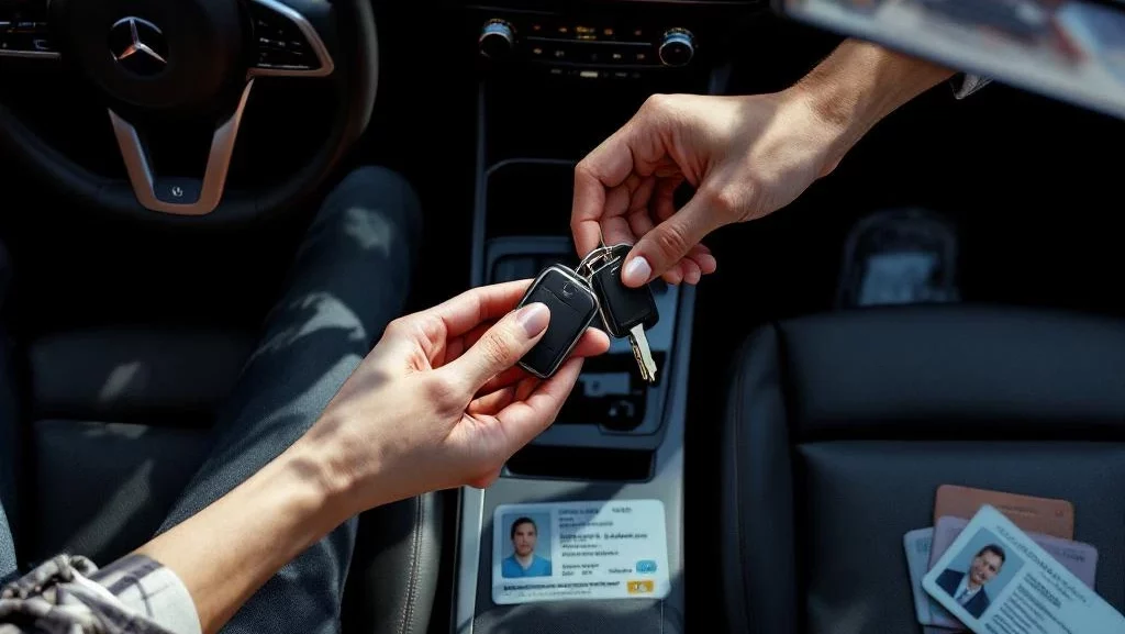 Twee paar handen wisselen autosleutels uit boven dashboard, met rijbewijzen op leren stoel in daglicht