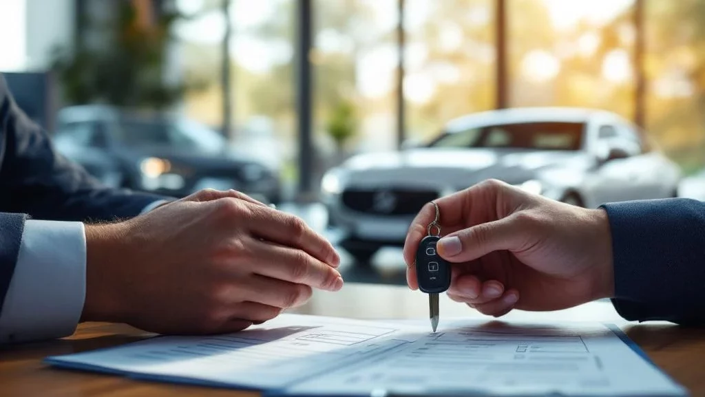 Twee personen wisselen autosleutels uit boven officiële documenten op houten bureau met zilveren auto op achtergrond
