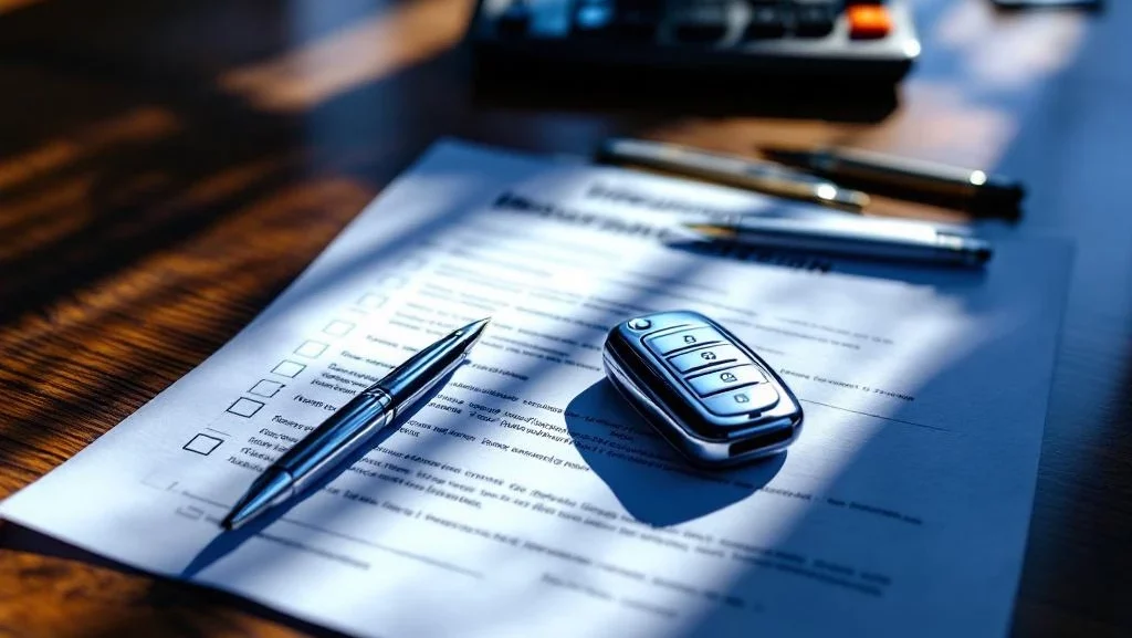 Autosleutel op verzekeringsdocumenten met calculator en pen op houten bureau