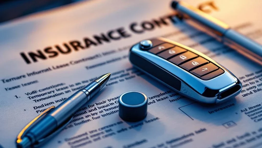 Moderne autosleutel op leaseverzekeringsdocumenten met pen, professioneel verlicht in zakelijke setting