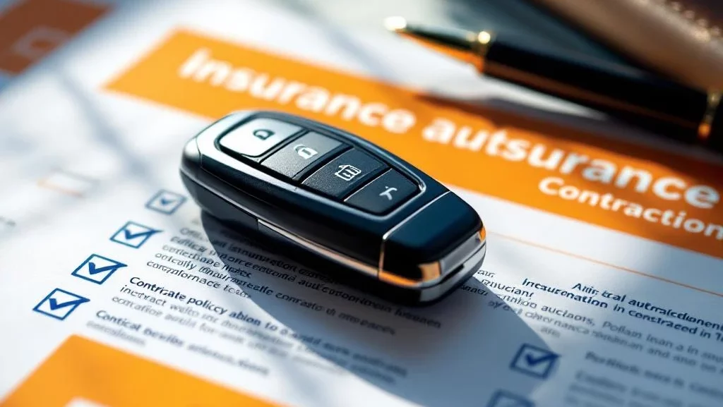 Autosleutel op verzekeringsdocumenten met pen en leren map, professionele automotive dienstverlening