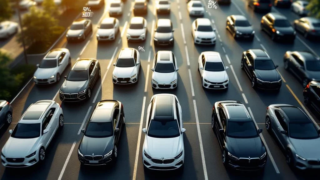 Luchtfoto van moderne bedrijfsparkeerplaats met rijen auto's in verschillende kleuren, calculator symbolen tonen kortingen