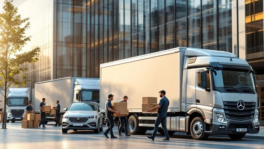 Moderne kantoorverhuizing met leasevoertuigen en verhuiswagens bij glazen bedrijfsgebouw, verhuizers dragen dozen