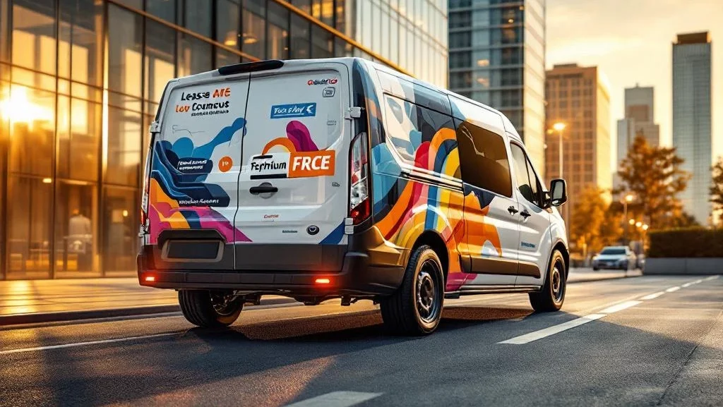 Witte bedrijfswagen met kleurrijke reclame-graphics geparkeerd in moderne zakenwijk tijdens gouden uur