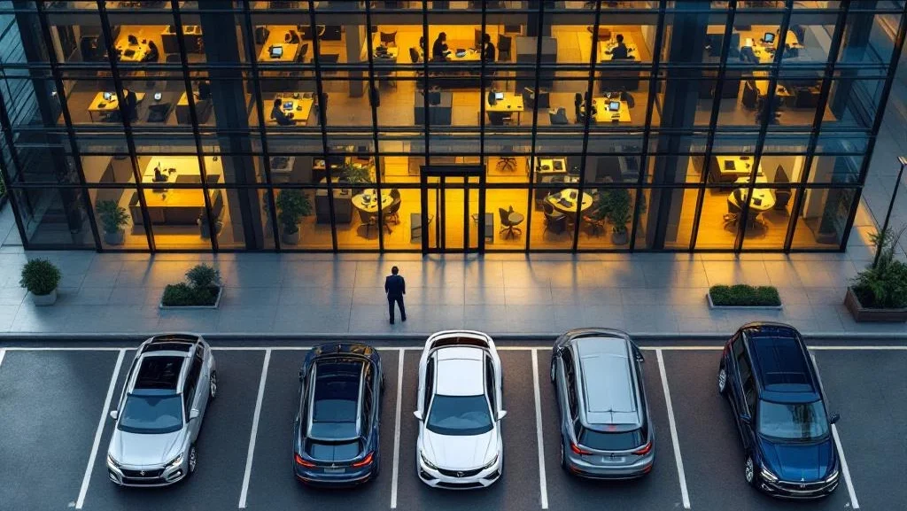 Moderne glazen kantoorgebouw met lege werkplekken en zakelijke voertuigen op parkeerplaats, symboliseert flexibel werken