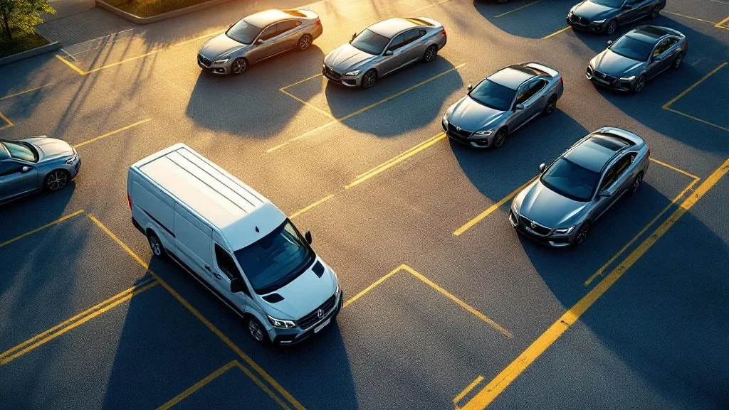 Bedrijfsparkeerplaats met witte bestelwagen en zilveren sedan in diagonale rijen bij zonsondergang vanuit vogelperspectief