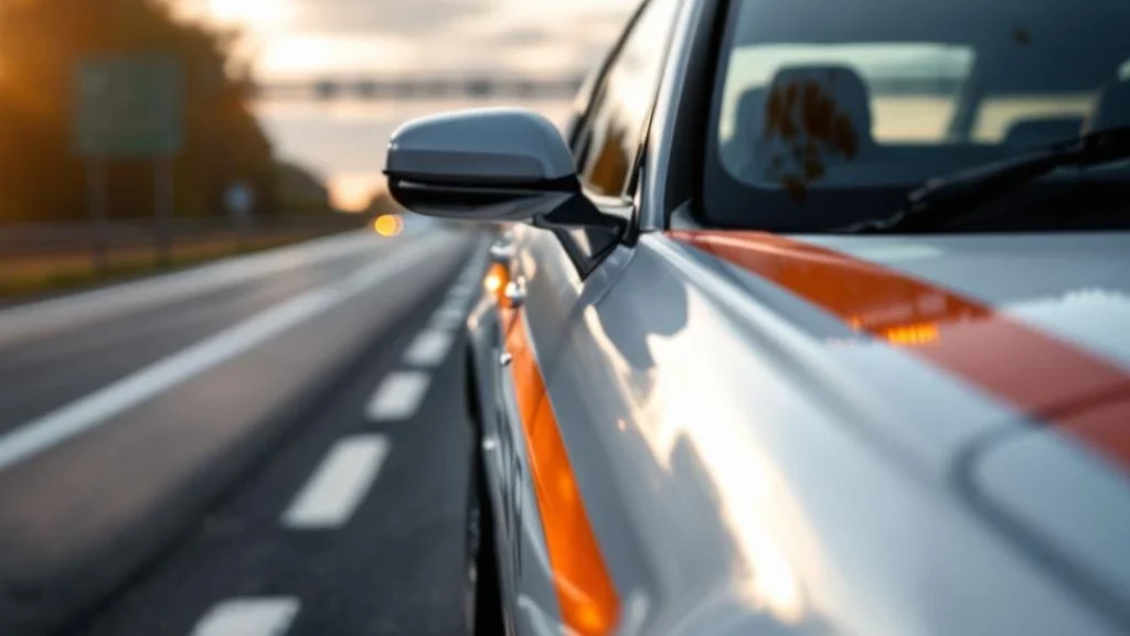 Witte begeleidingsauto met oranje strepen en zwaailichten op Nederlandse snelweg bij gouden uur